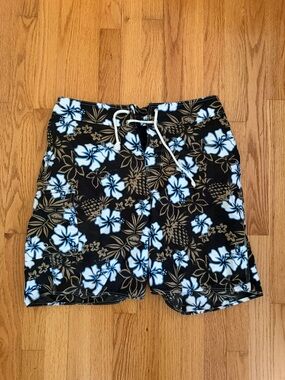 Rise Men's Black Floral Swim Trunks - White & Tan Hibiscus
